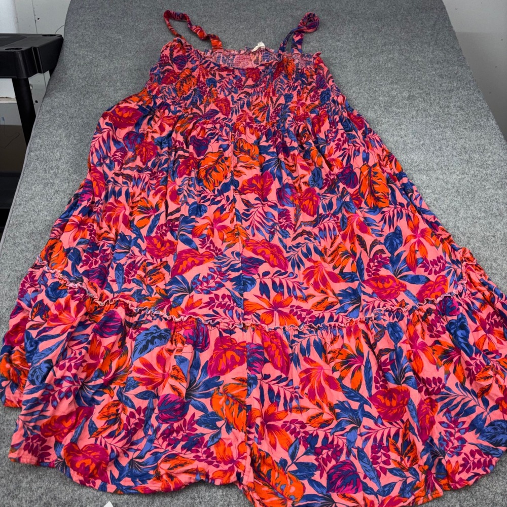 Terra & Sky Floral Maxi Dress Womens 4X Pink Orange Blue Tropical Smocked Summer